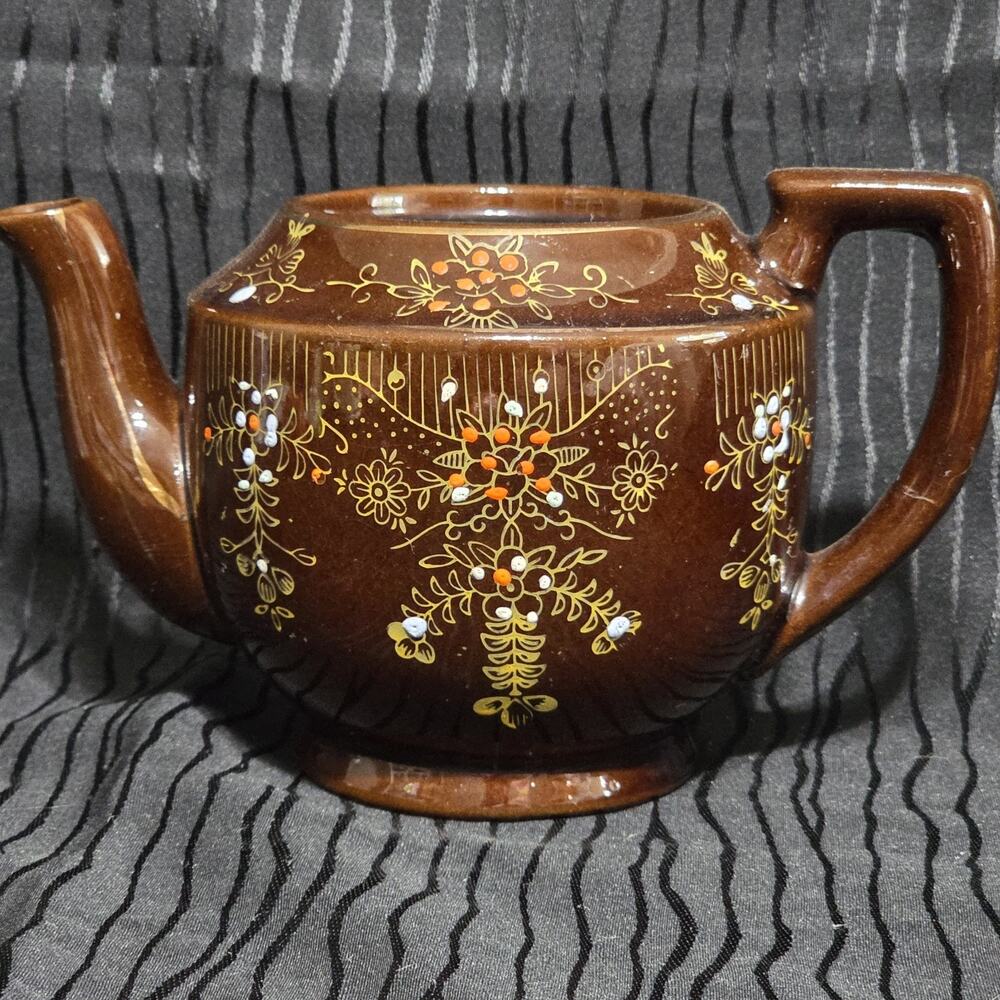 Vintage Hand Painted Brown Floral Ceramic Teapot Tea Pot Japan Art Pottery